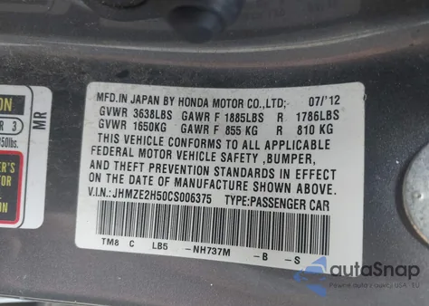 2012 Honda Insight Lx из США, поврежденный, VIN JHMZE2H50CS006375